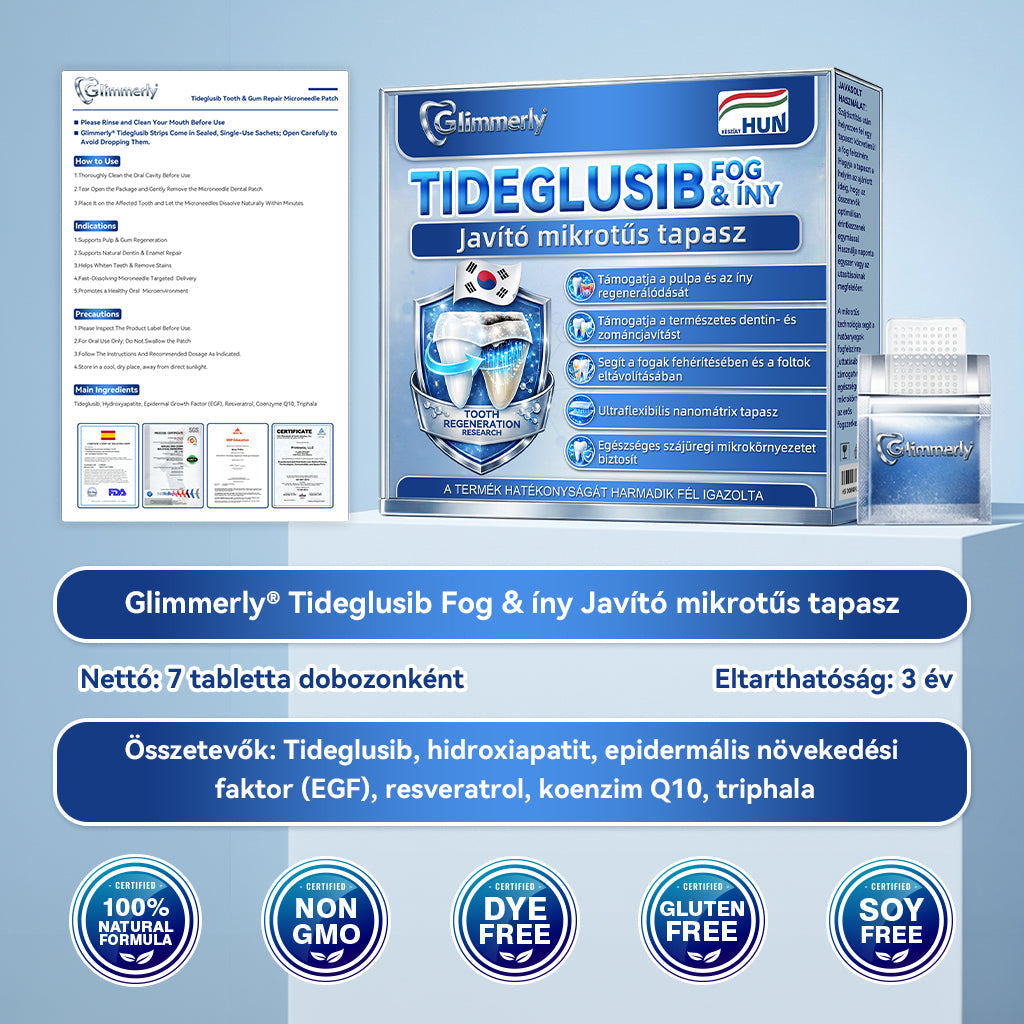 🎊𝐆𝐥𝐢𝐦𝐦𝐞𝐫𝐥𝐲® 🦷 Tideglusib Fog & íny Javító mikrotűs tapasz | Fejlett őssejt-aktiváló fogcsíkok (újjáépíti a fogzománcot és a dentint • erősíti az ínyt • megszünteti a fogkövet és a szagokat • megállítja a fogérzékenységet) 3.0 🌻 (Copy)